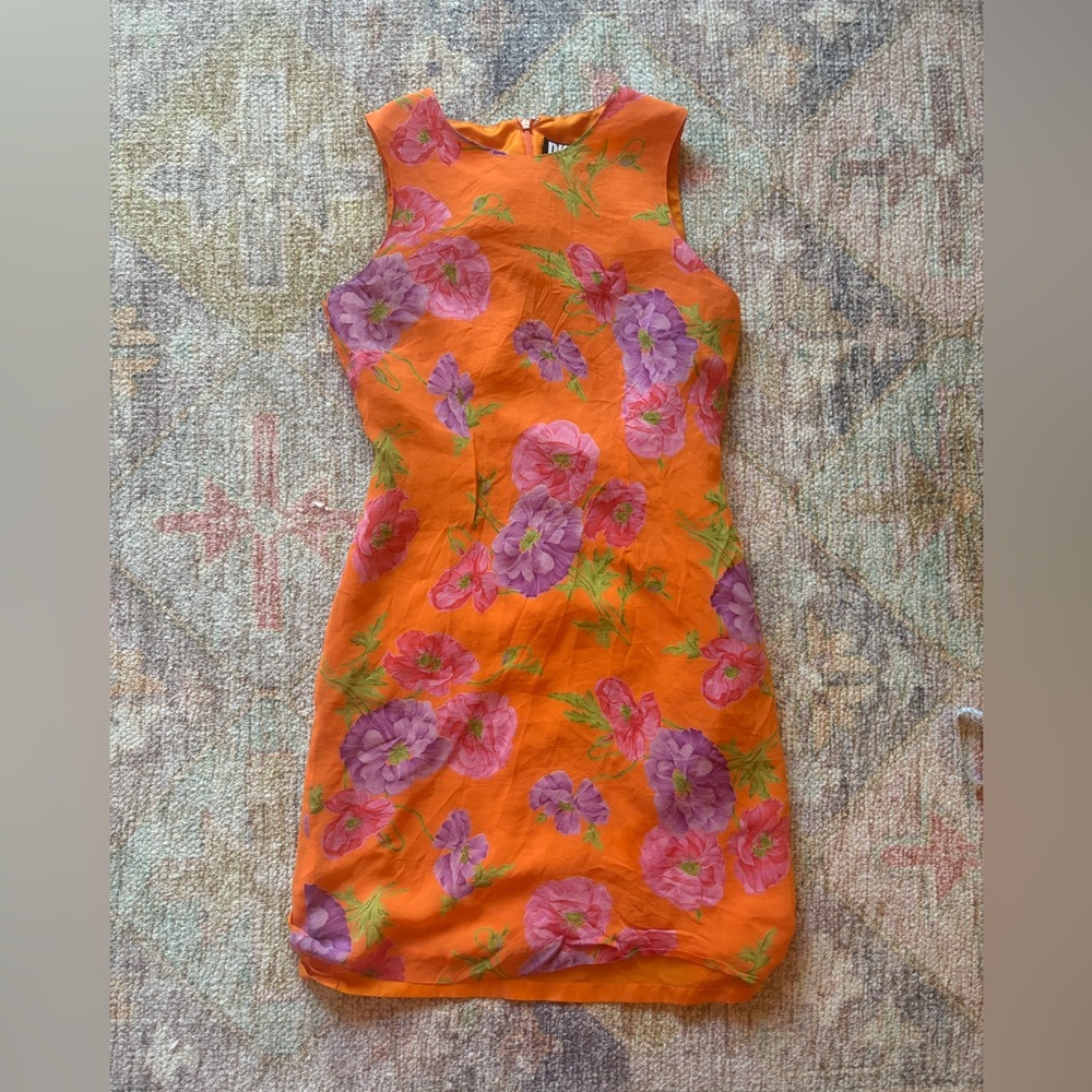 Vintage 1990s DKNY Orange and Purple Pastel Floral Mini Dress